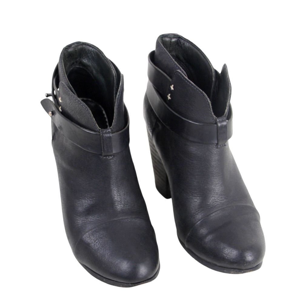 rag & bone NY BLACK GENUINE LEATHER HIGH HEEL ROUND TOE BELTED ANKLE BOOTS Sz 37 - Picture 2 of 9